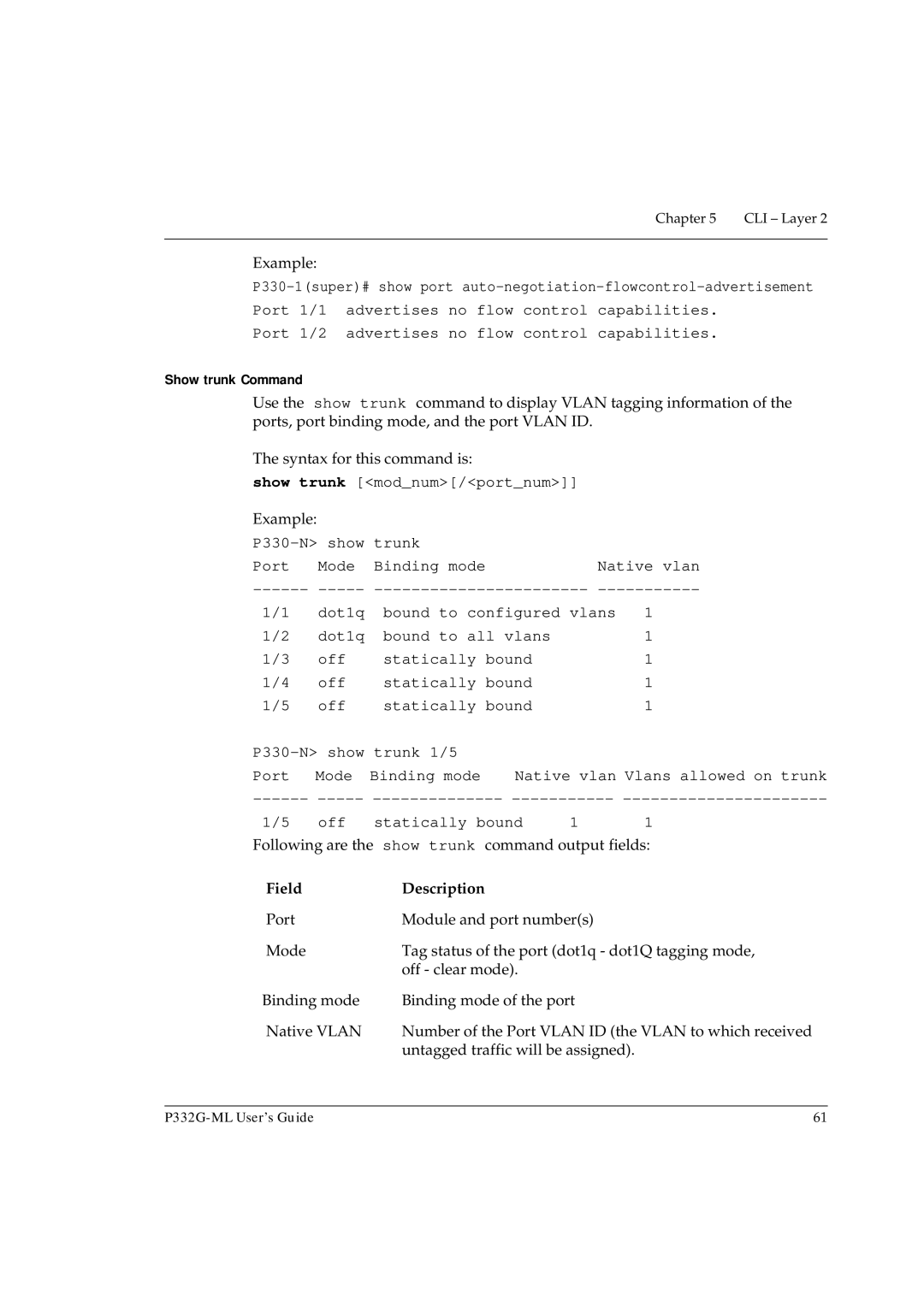 Avaya P332G-ML manual Port 1/2 advertises no flow control capabilities, Show trunk Command, Show trunk modnum/portnum 