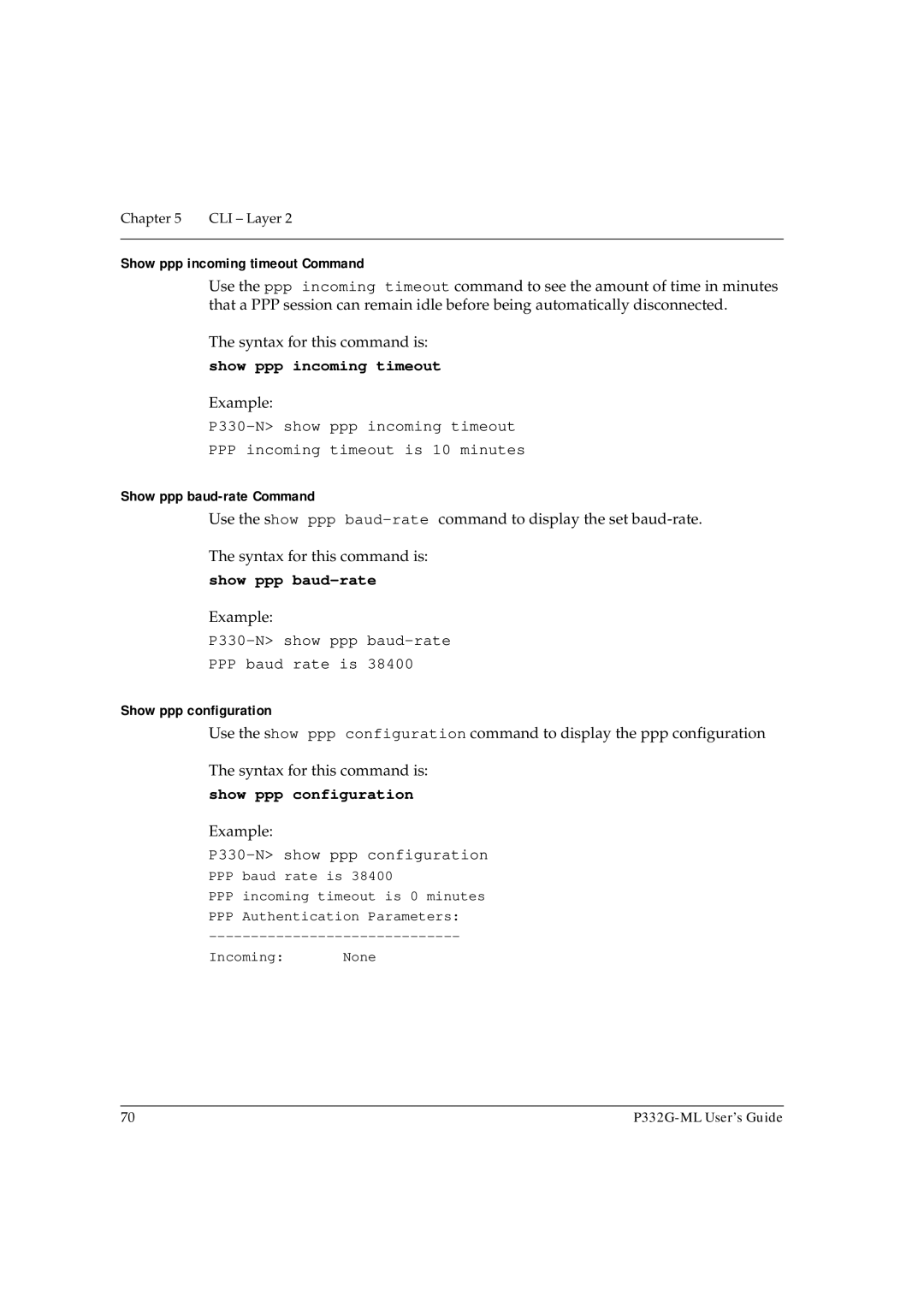 Avaya P332G-ML manual Show ppp incoming timeout, Show ppp baud-rate, Show ppp configuration 