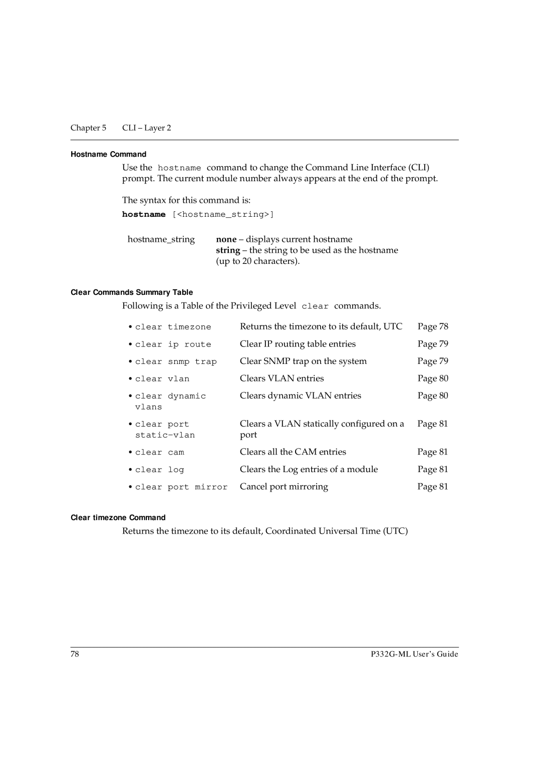 Avaya P332G-ML manual Hostname Command, Clear Commands Summary Table, Clear timezone Command 