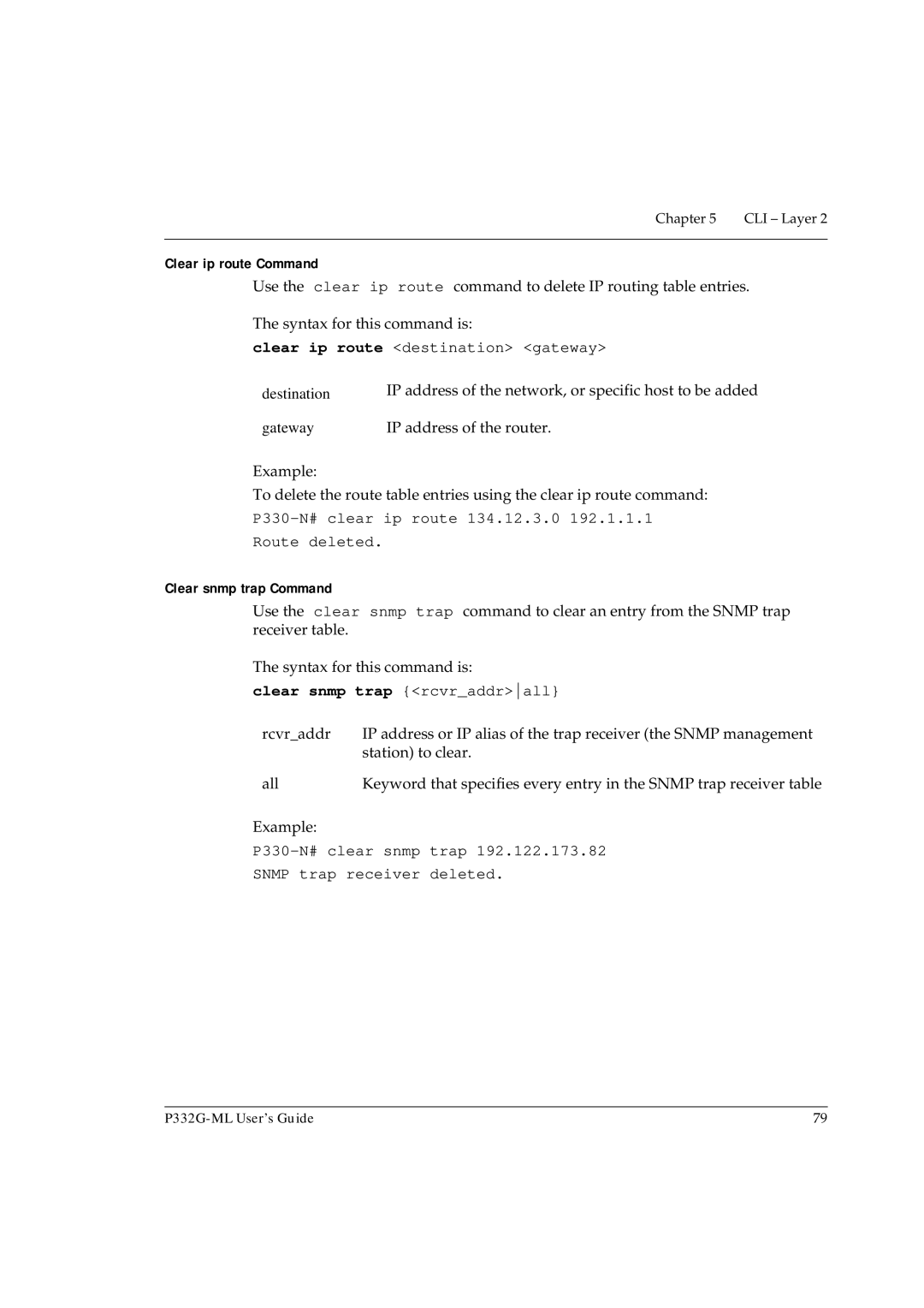 Avaya P332G-ML manual Clear ip route Command, Clear snmp trap Command 