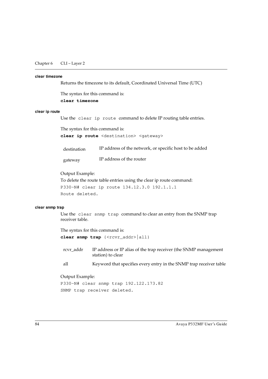 Avaya P332MF manual Clear timezone, Clear ip route, Clear snmp trap 