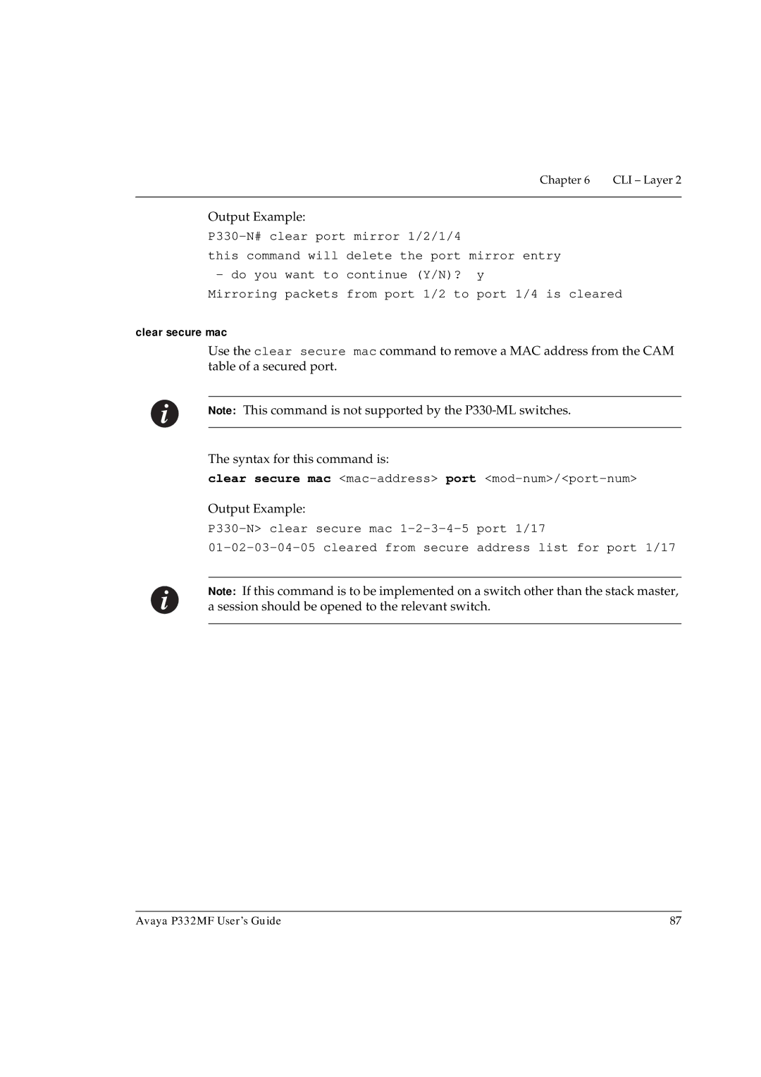 Avaya P332MF manual Clear secure mac 