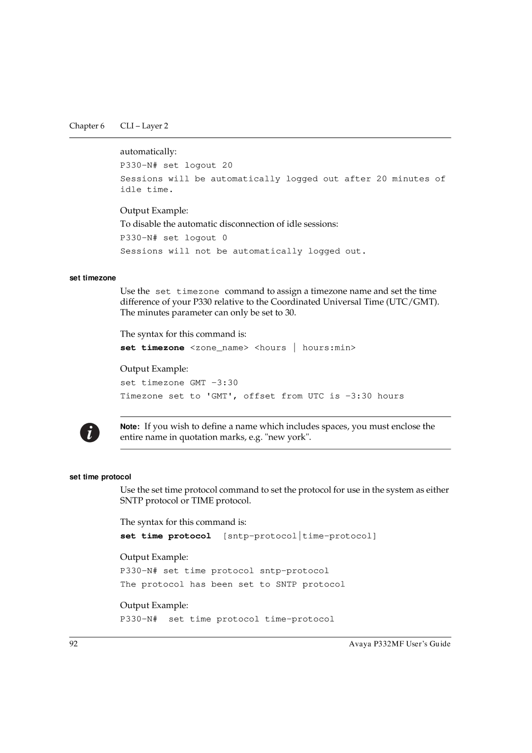 Avaya P332MF manual Set timezone, Set time protocol 