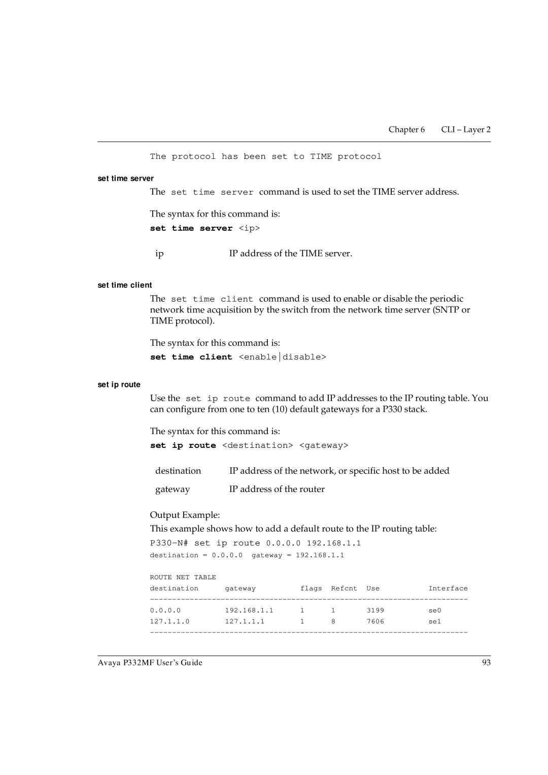 Avaya P332MF manual Set time server ip, Set time client enabledisable, Set ip route 