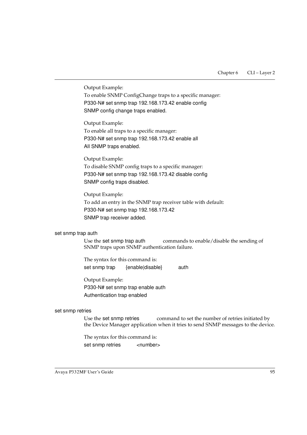 Avaya P332MF manual Set snmp trap auth, Set snmp trap enabledisable auth, Set snmp retries 