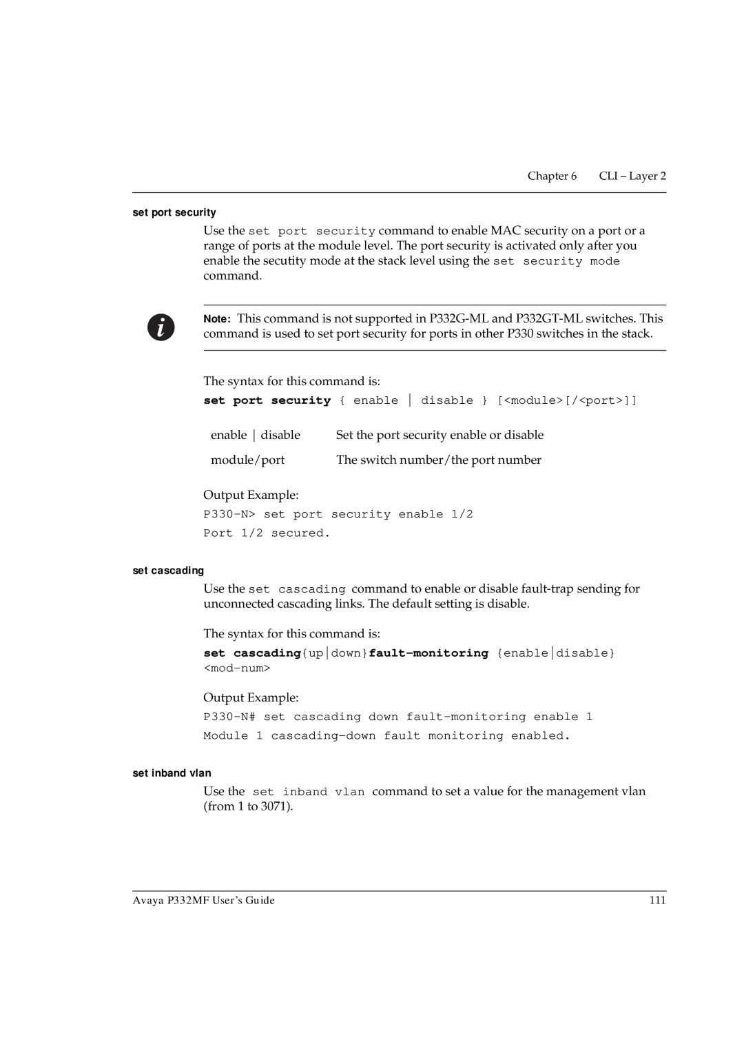 Avaya P332MF manual Set port security, Set cascadingupdownfault-monitoring enabledisable, Set inband vlan 