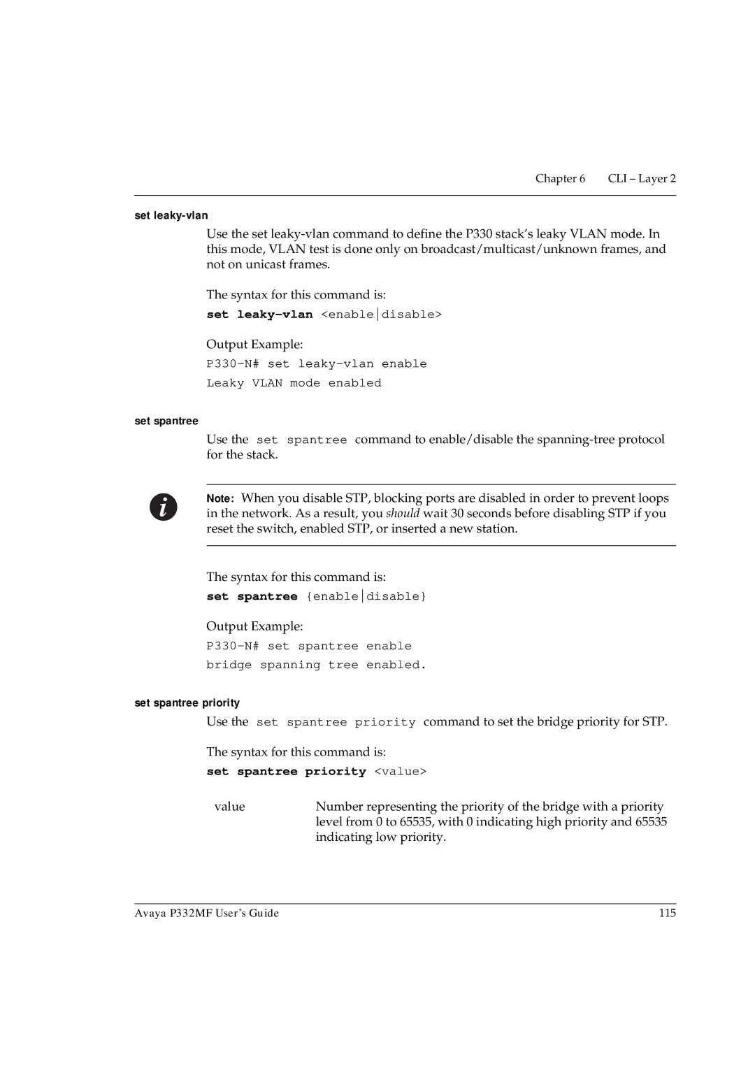 Avaya P332MF manual Set leaky-vlan, Set spantree priority value 