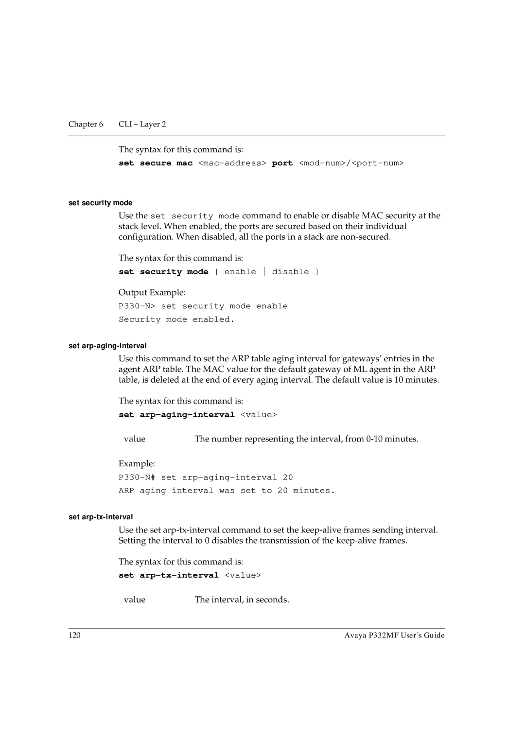 Avaya P332MF manual Set security mode, Set arp-aging-interval value, Set arp-tx-interval value 