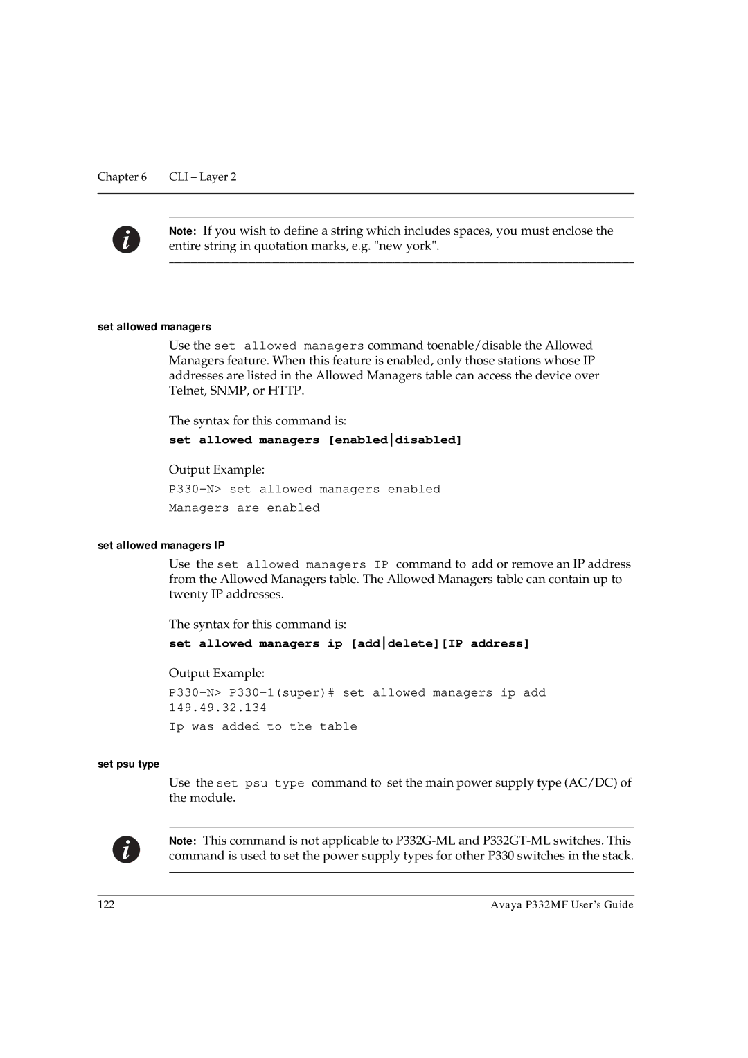 Avaya P332MF manual Set allowed managers enableddisabled, Set allowed managers IP, Set psu type 