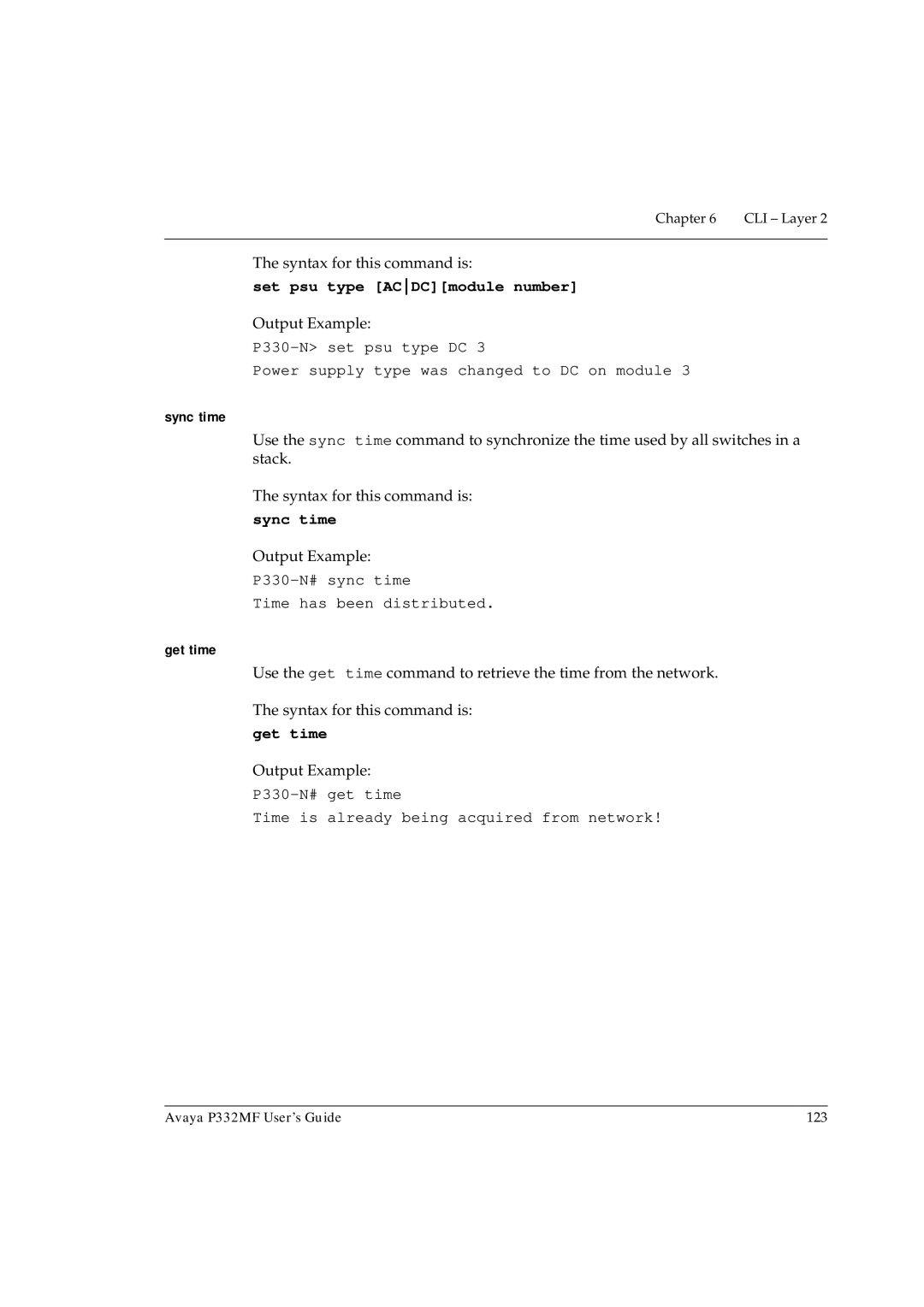 Avaya P332MF manual Set psu type ACDCmodule number, Sync time, Get time 