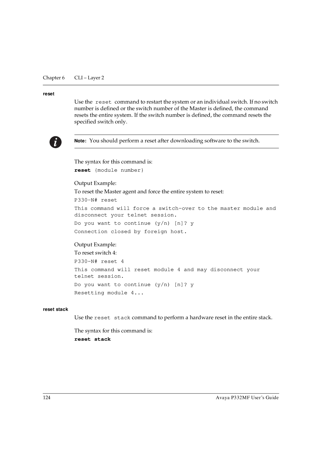 Avaya P332MF manual Reset stack 