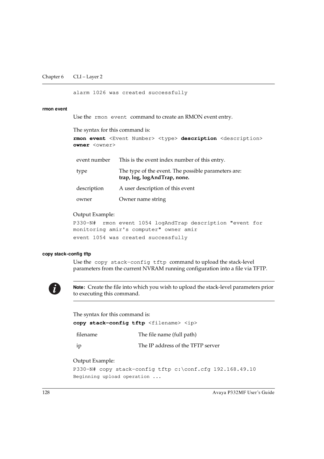 Avaya P332MF manual Rmon event, Copy stack-config tftp filename ip 