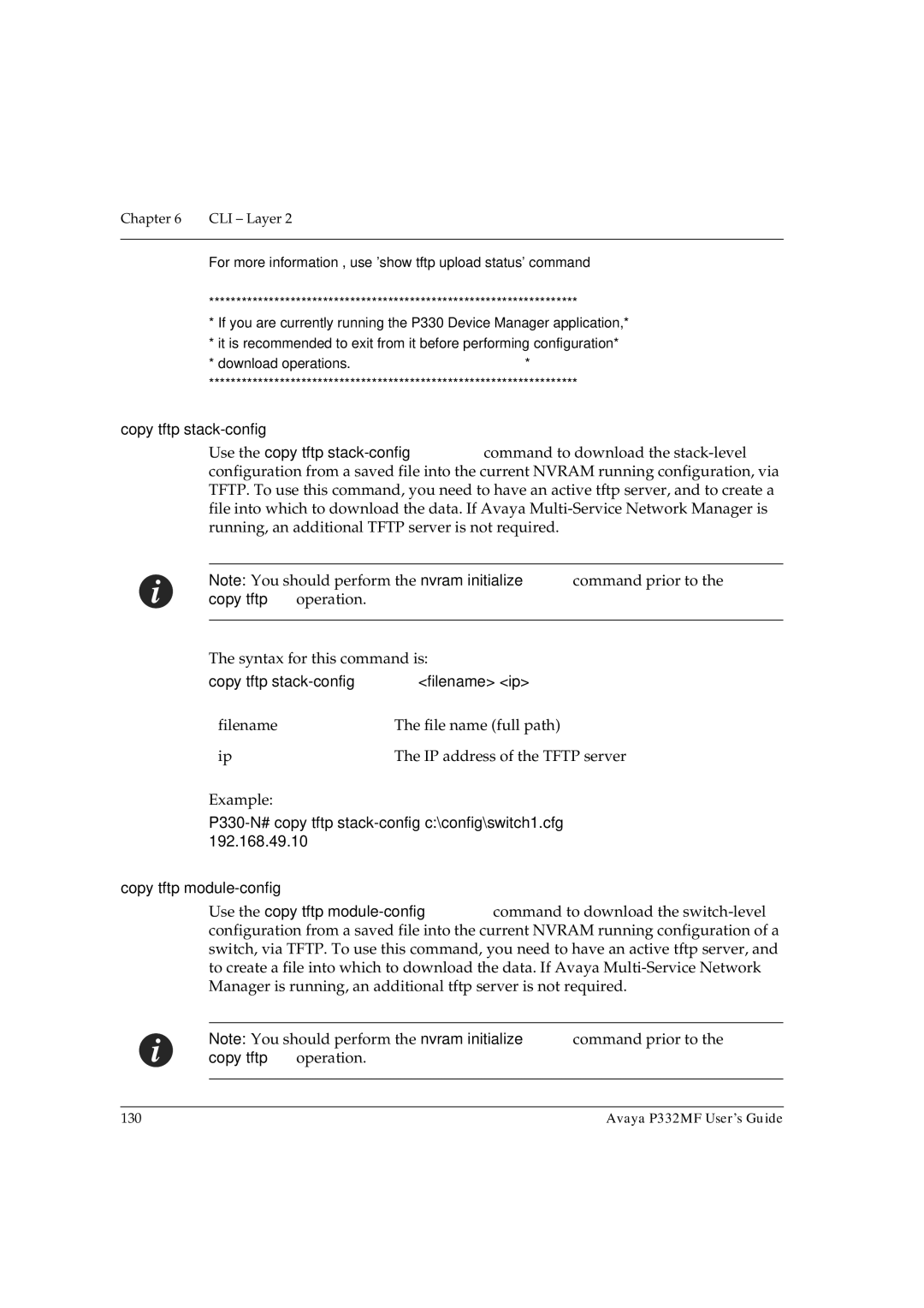 Avaya P332MF manual Copy tftp stack-config filename ip, Copy tftp module-config 