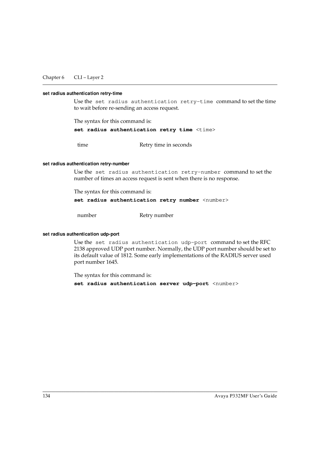 Avaya P332MF manual Set radius authentication retry time time, Set radius authentication retry number number 