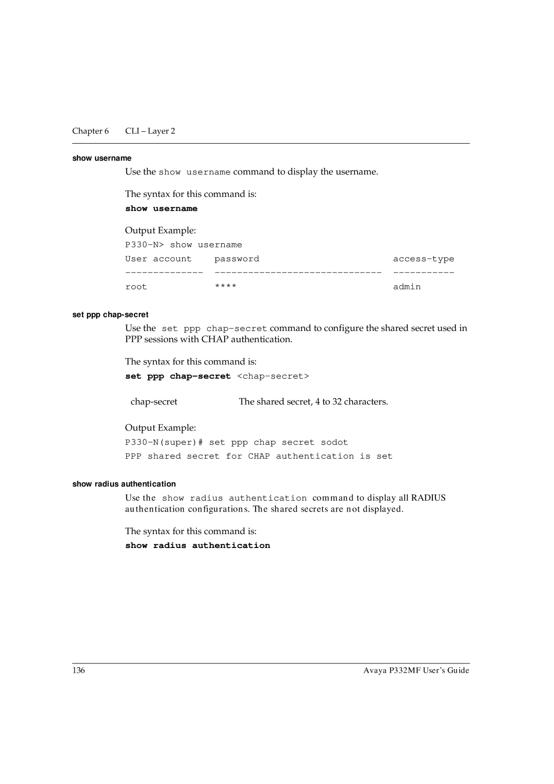 Avaya P332MF manual Show username, Set ppp chap-secret chap-secret, Show radius authentication 