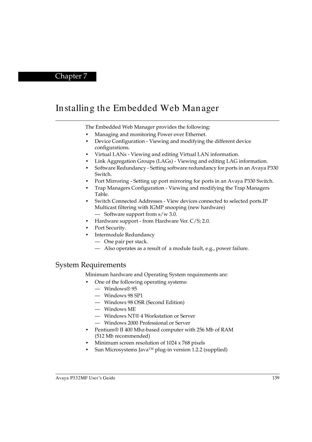 Avaya P332MF manual Installing the Embedded Web Manager, System Requirements 