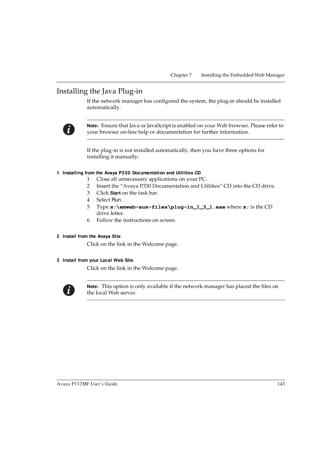 Avaya P332MF manual Installing the Java Plug-in, Install from the Avaya Site, Install from your Local Web Site 