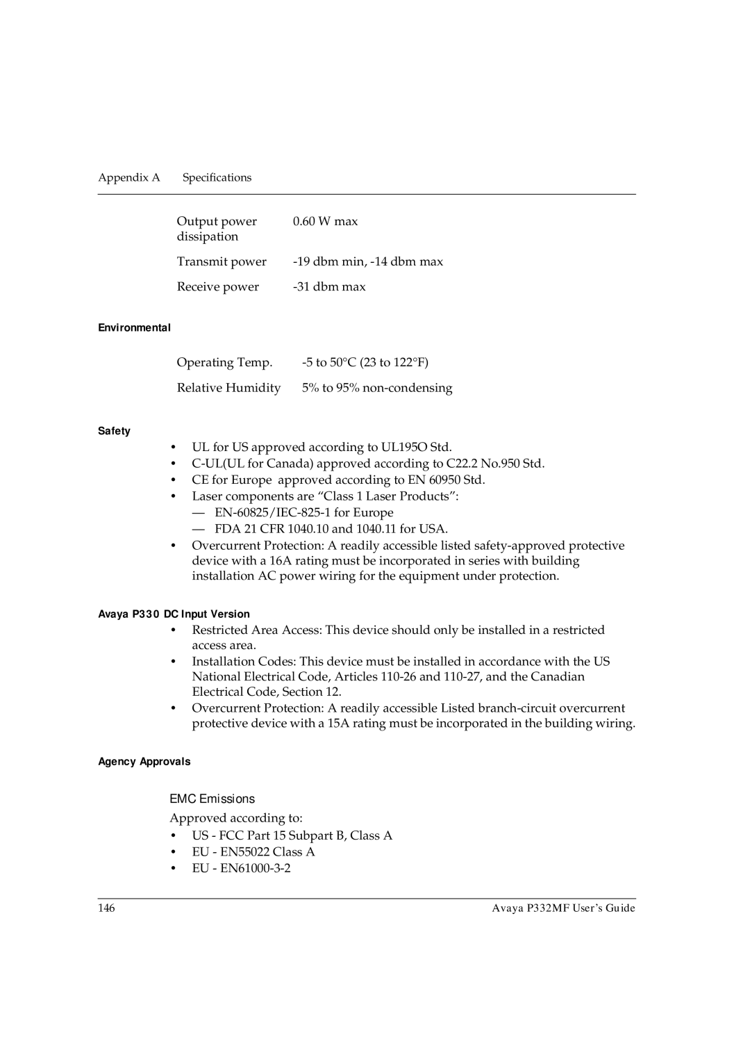 Avaya P332MF manual Environmental, Safety, Avaya P330 DC Input Version, Agency Approvals 