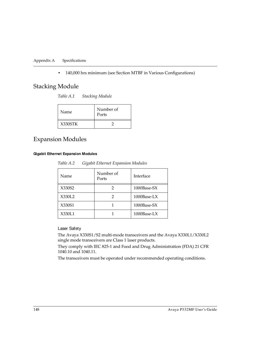 Avaya P332MF manual Stacking Module, Gigabit Ethernet Expansion Modules 