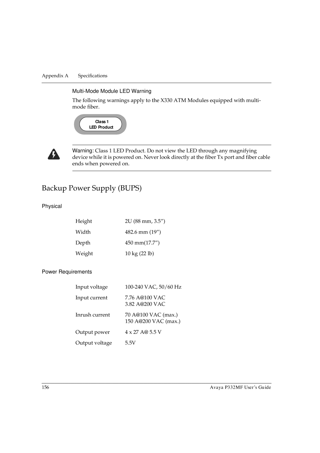 Avaya P332MF manual Backup Power Supply Bups, Power Requirements 