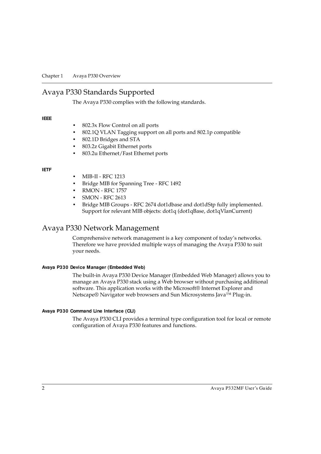 Avaya P332MF manual Avaya P330 Standards Supported, Avaya P330 Network Management, Avaya P330 Device Manager Embedded Web 