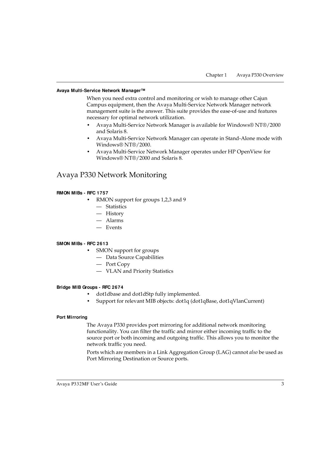 Avaya P332MF manual Avaya P330 Network Monitoring 