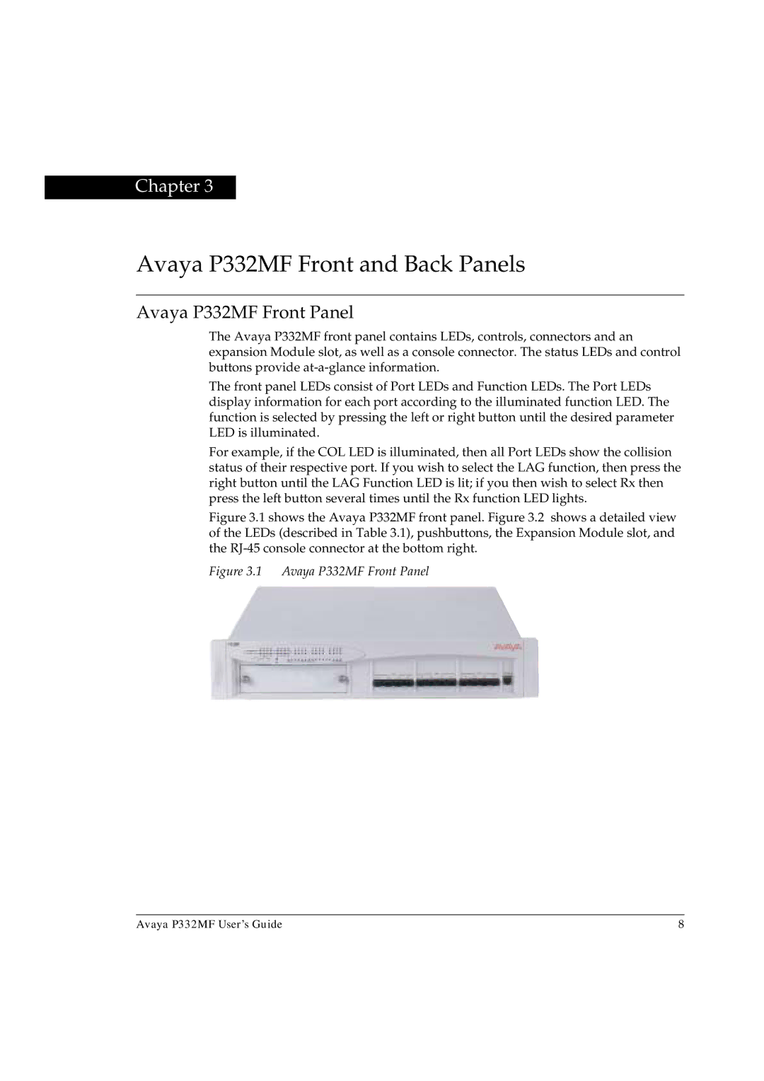 Avaya manual Avaya P332MF Front and Back Panels, Avaya P332MF Front Panel 