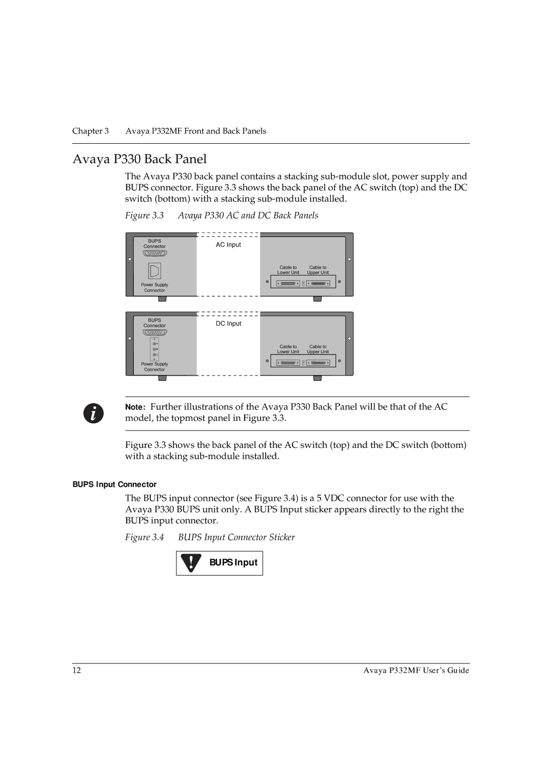 Avaya P332MF manual Avaya P330 Back Panel, Bups Input Connector 