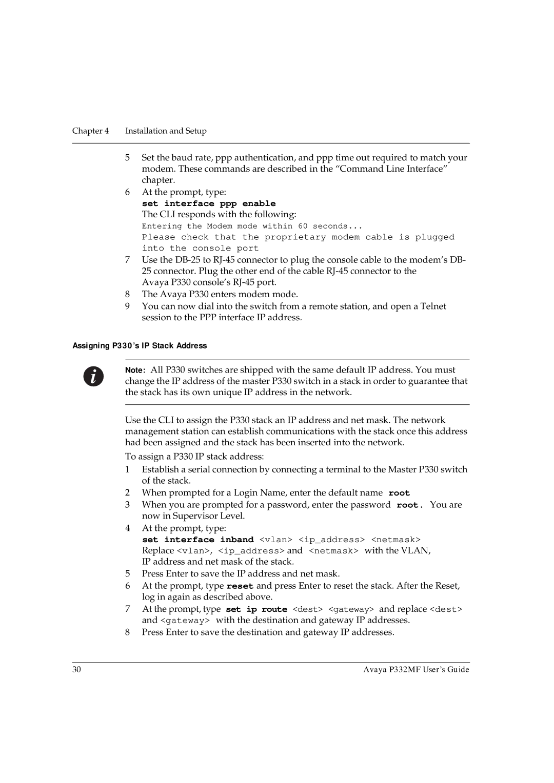 Avaya P332MF manual Set interface ppp enable, Assigning P330’s IP Stack Address 