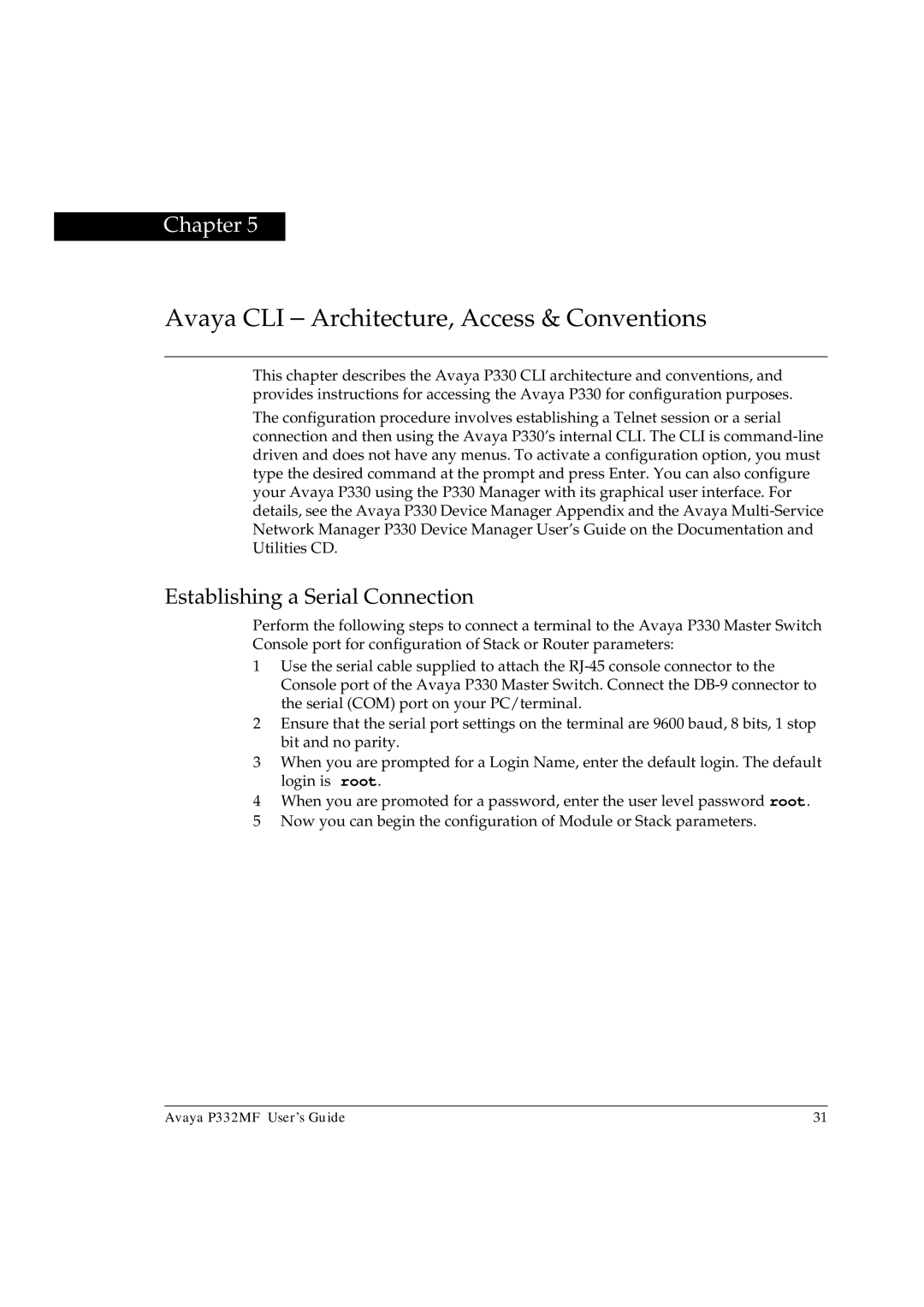 Avaya P332MF manual Avaya CLI Architecture, Access & Conventions, Establishing a Serial Connection 