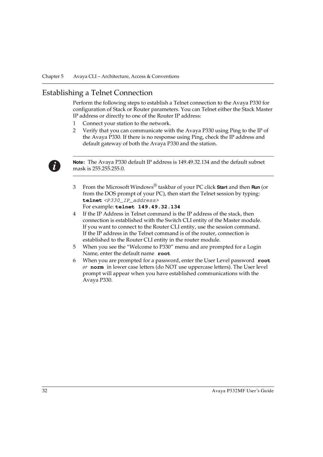 Avaya P332MF manual Establishing a Telnet Connection, For example telnet 