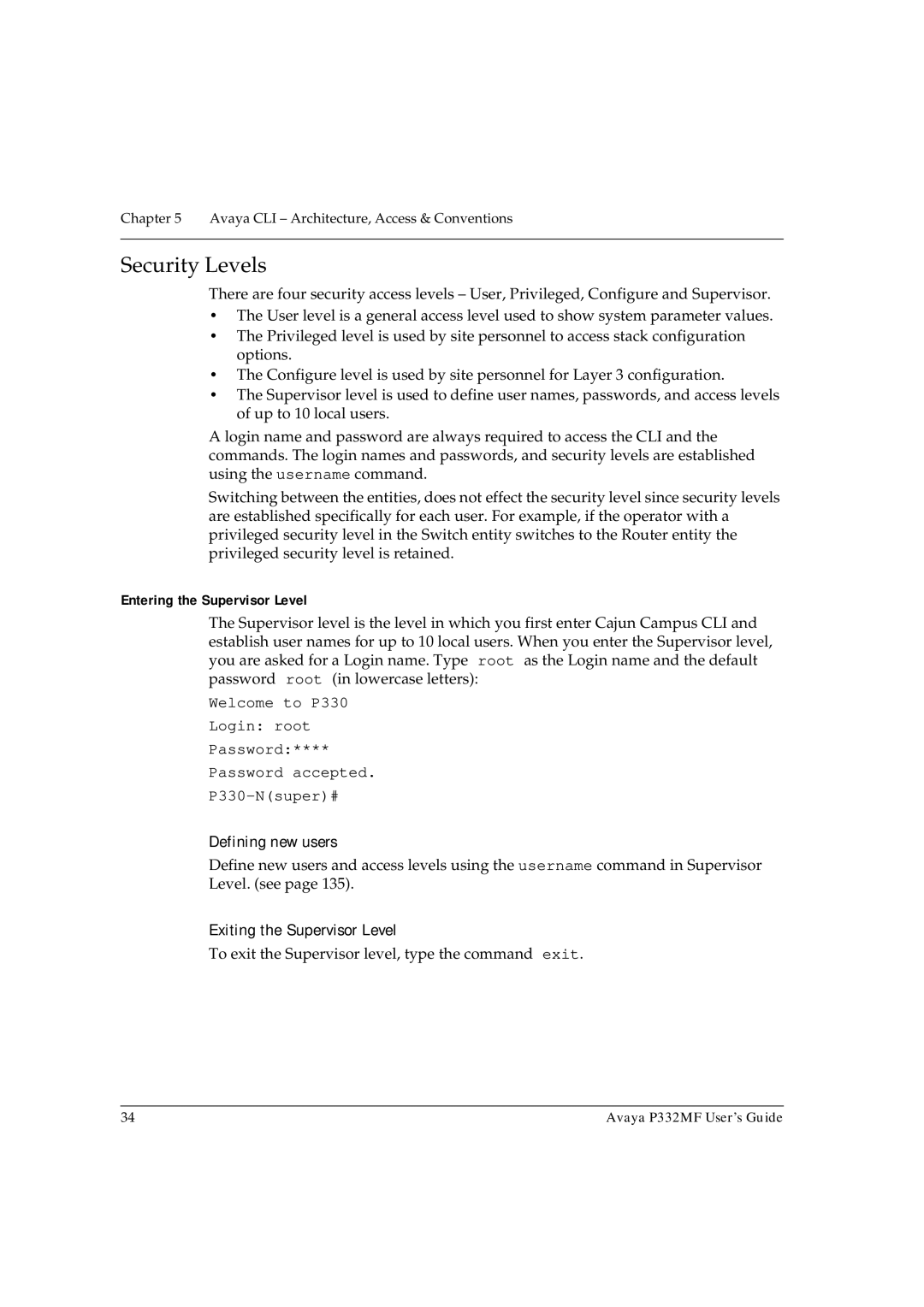 Avaya P332MF manual Security Levels, Entering the Supervisor Level 