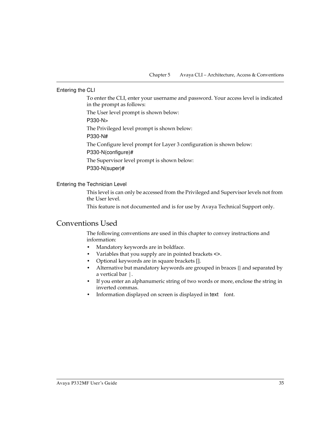 Avaya P332MF manual Conventions Used, Entering the CLI, Entering the Technician Level 