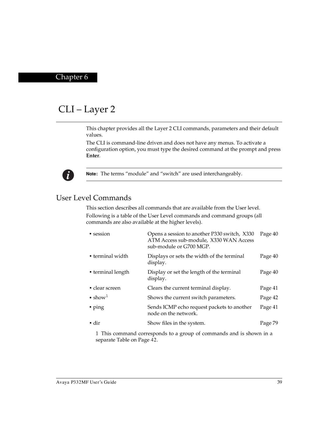 Avaya P332MF manual CLI Layer, User Level Commands 