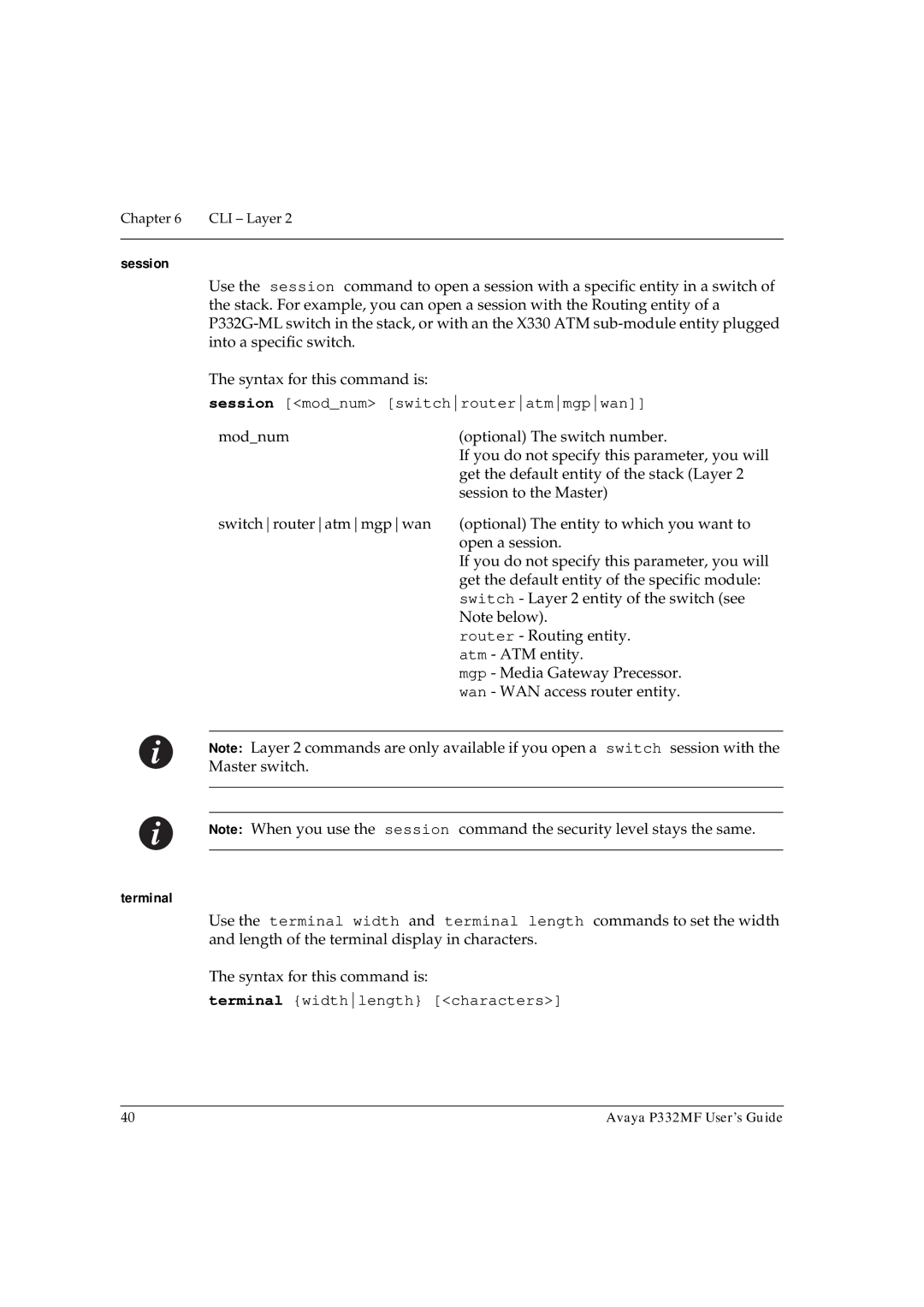 Avaya P332MF manual Session, Terminal 