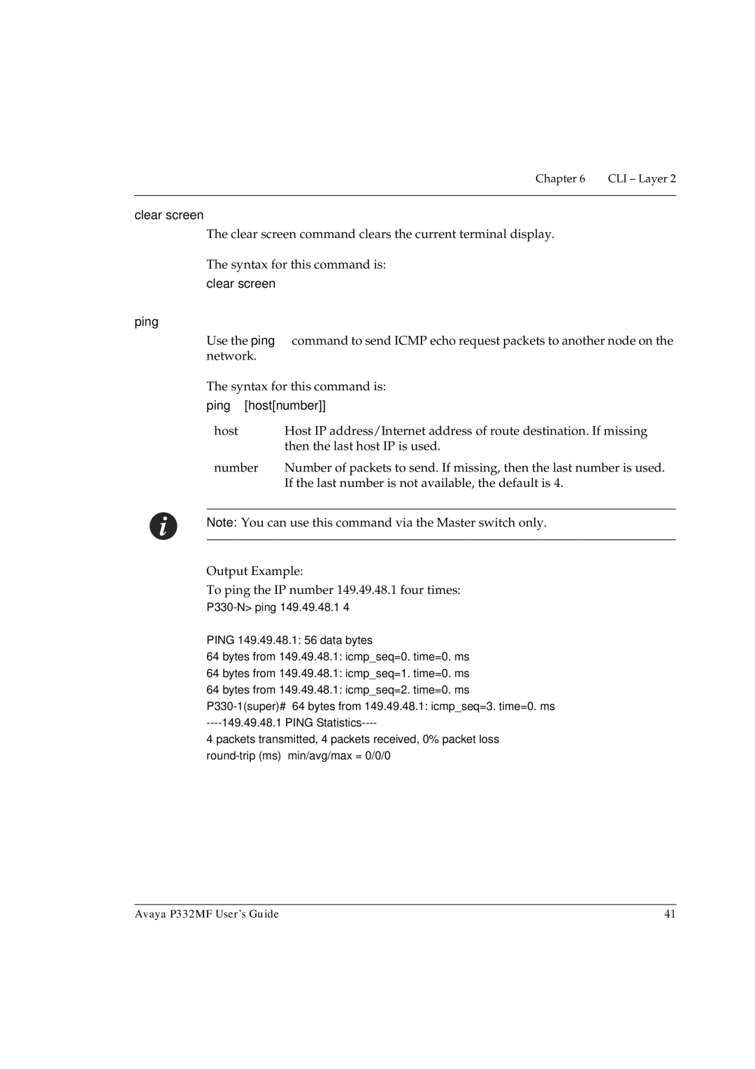 Avaya P332MF manual Clear screen, Ping 