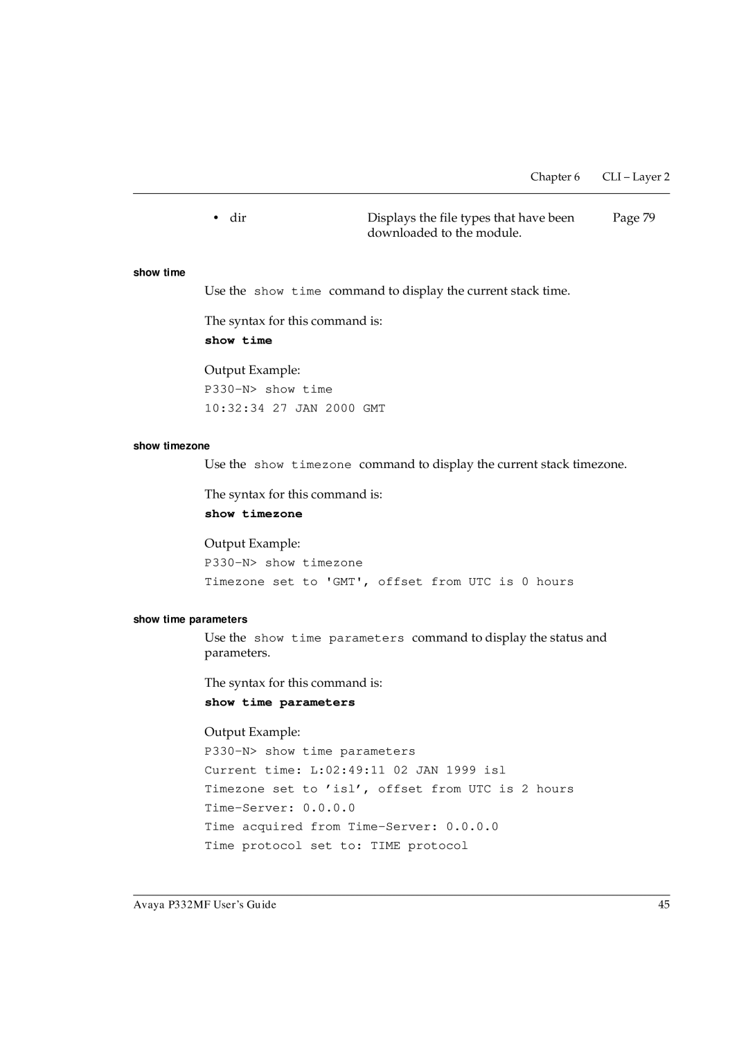 Avaya P332MF manual Show timezone, Show time parameters 