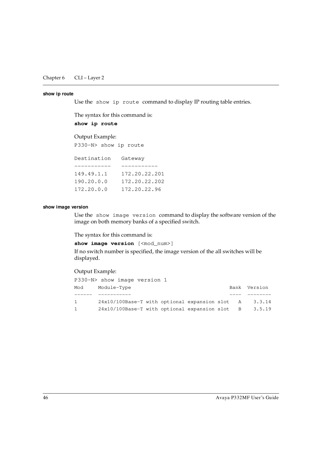 Avaya P332MF manual Show ip route, Show image version modnum 