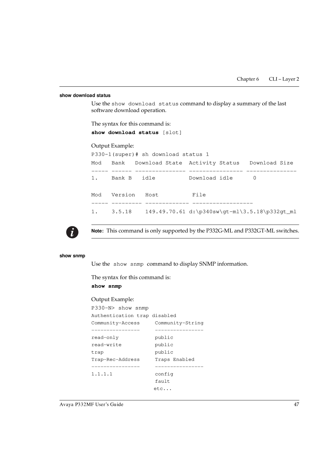 Avaya P332MF manual Show download status slot, Show snmp 