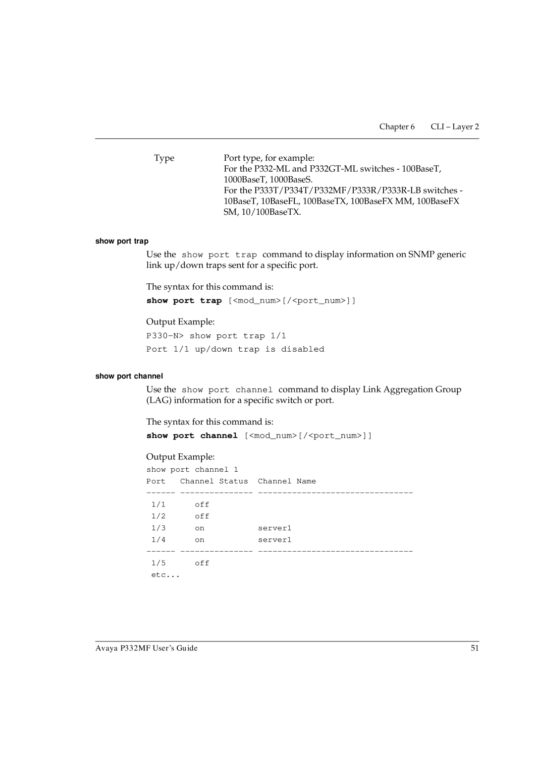 Avaya P332MF manual Show port trap, Show port channel 