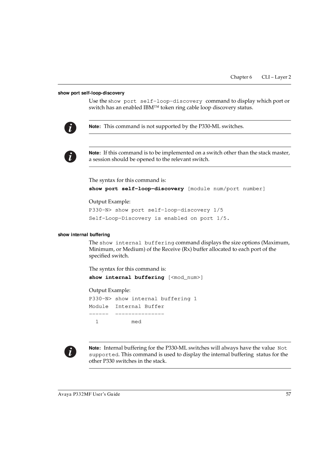 Avaya P332MF manual Show port self-loop-discovery module num/port number, Show internal buffering 