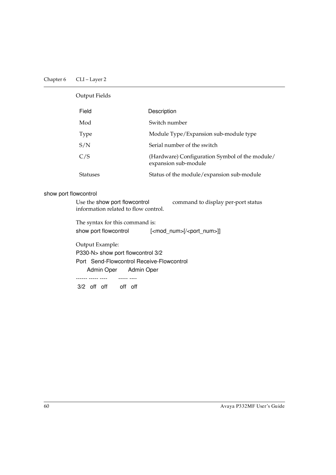 Avaya P332MF manual Show port flowcontrol 