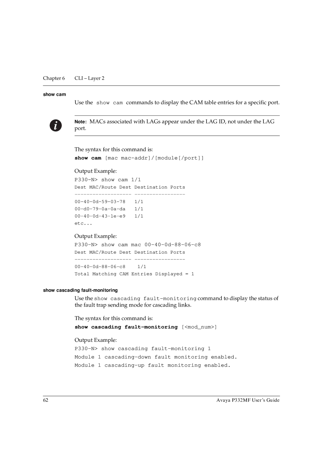 Avaya P332MF manual Show cam, Show cascading fault-monitoring modnum 