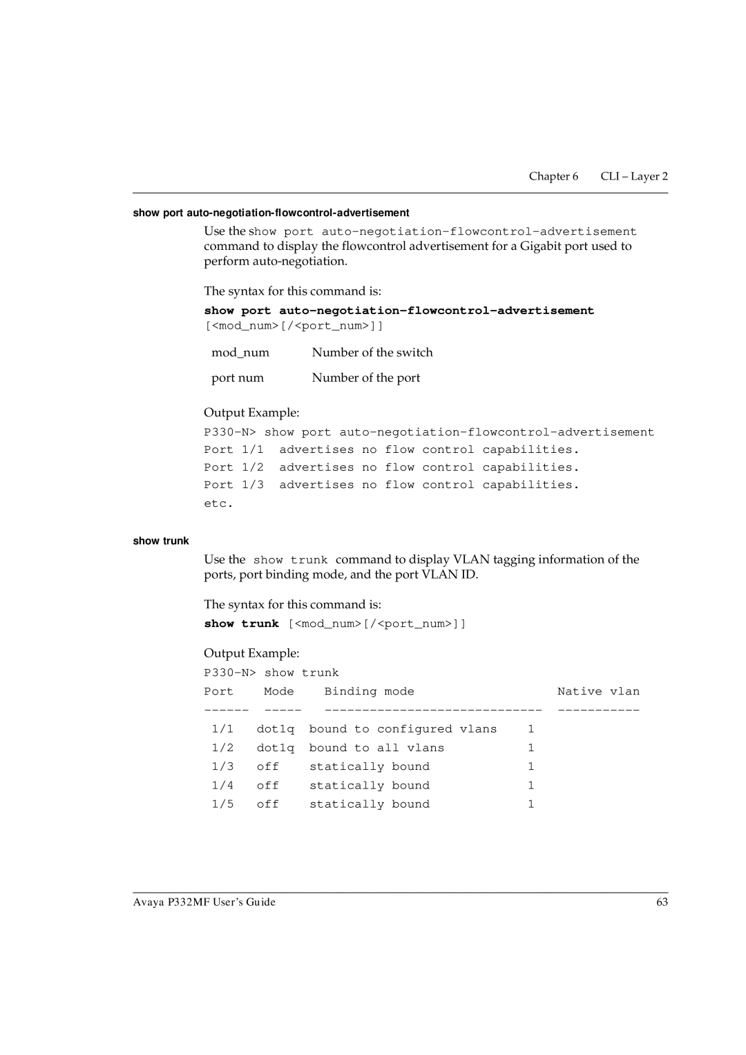 Avaya P332MF manual Show port auto-negotiation-flowcontrol-advertisement, Show trunk 