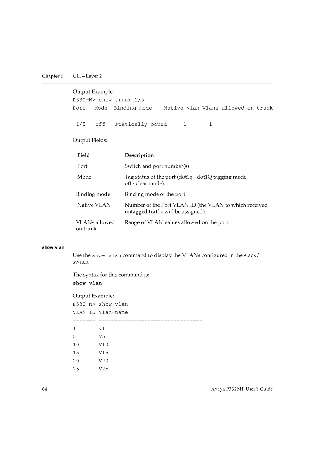 Avaya P332MF manual Show vlan Output Example 