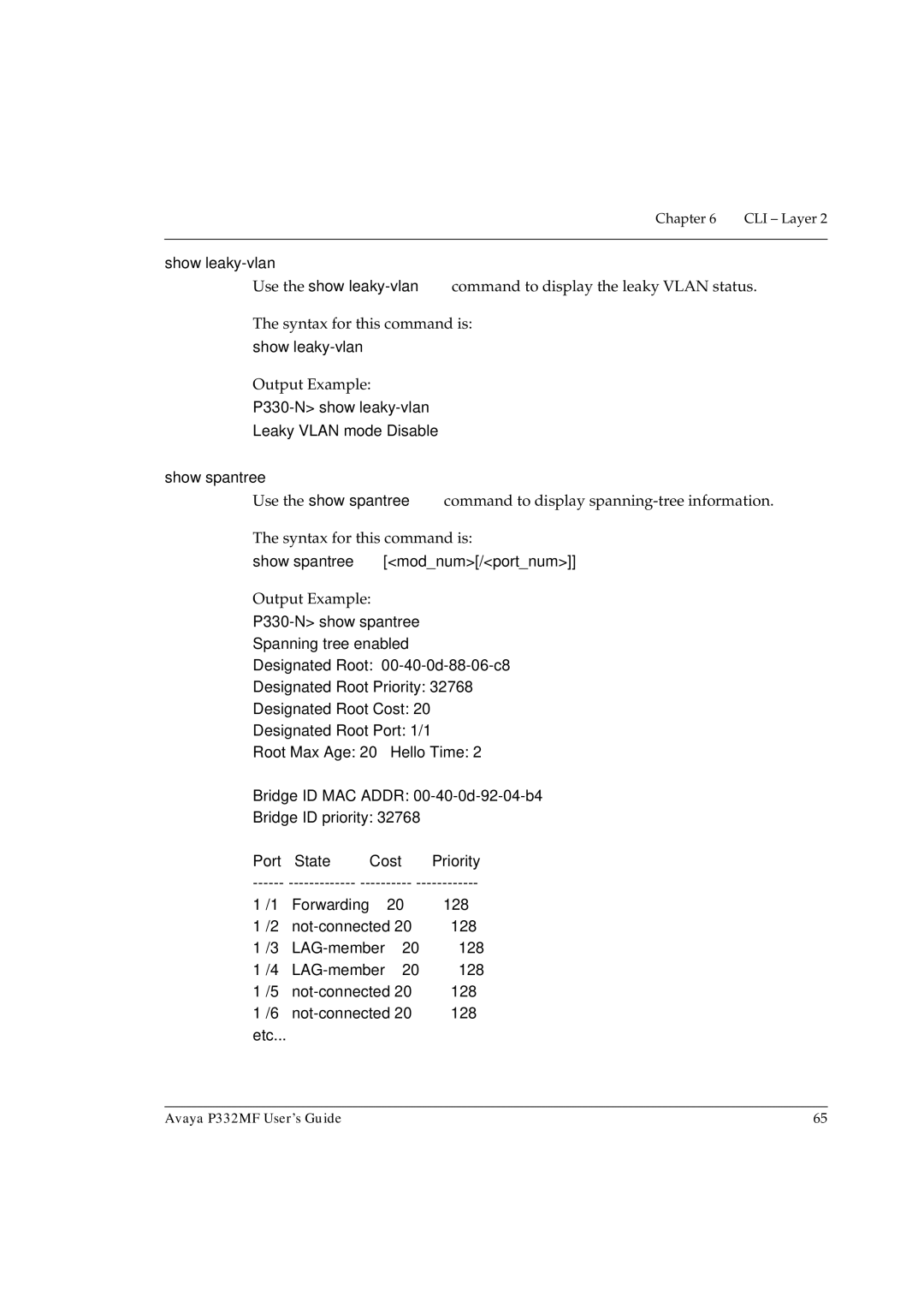 Avaya P332MF manual Show leaky-vlan, Show spantree 