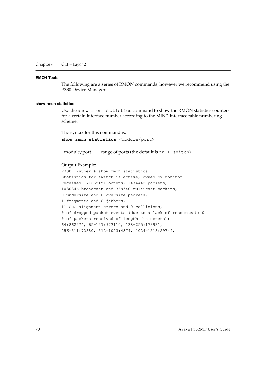 Avaya P332MF manual Rmon Tools, Show rmon statistics module/port 