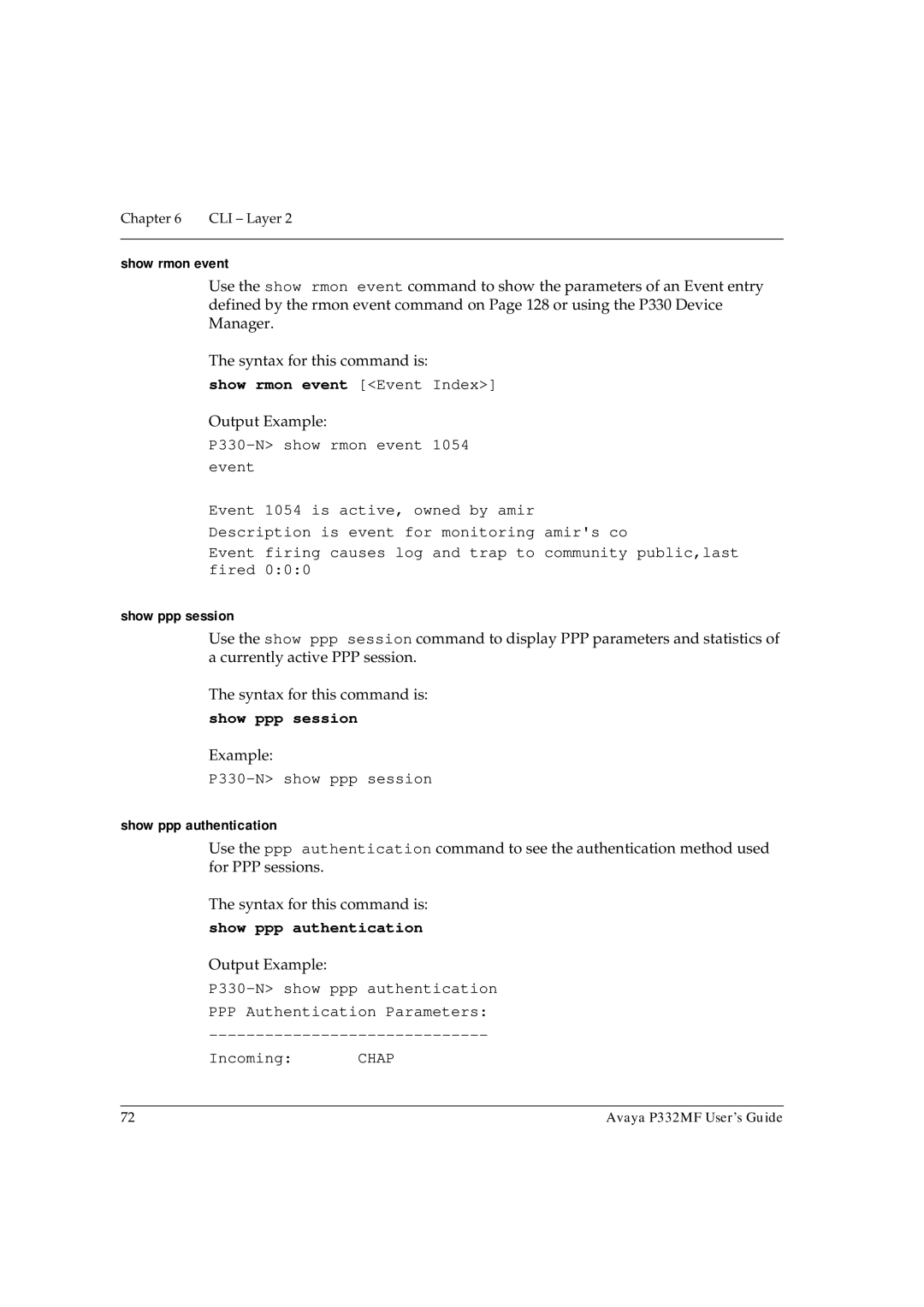 Avaya P332MF manual Show rmon event Event Index, Show ppp session, Show ppp authentication 