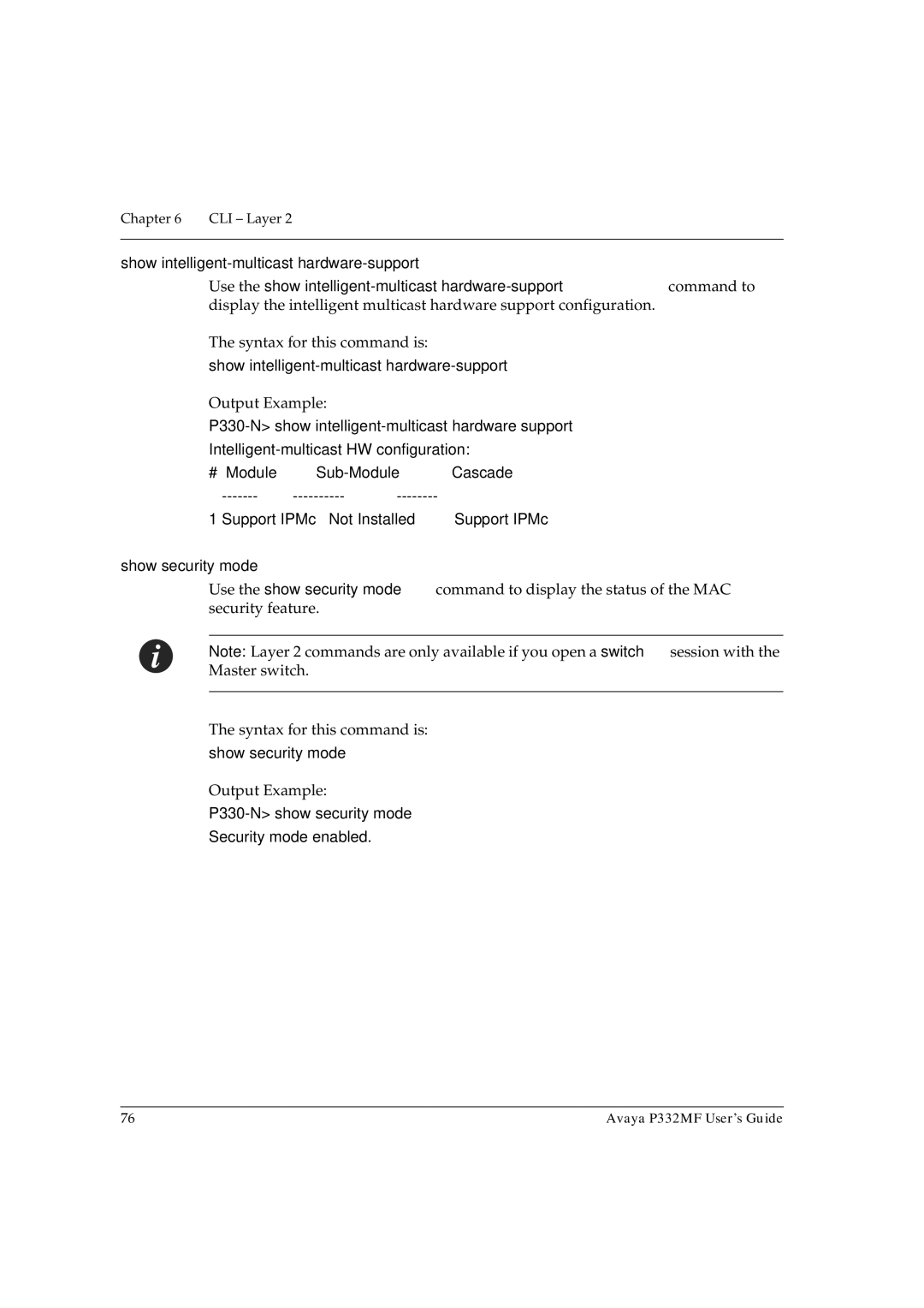 Avaya P332MF manual Show intelligent-multicast hardware-support, Show security mode 