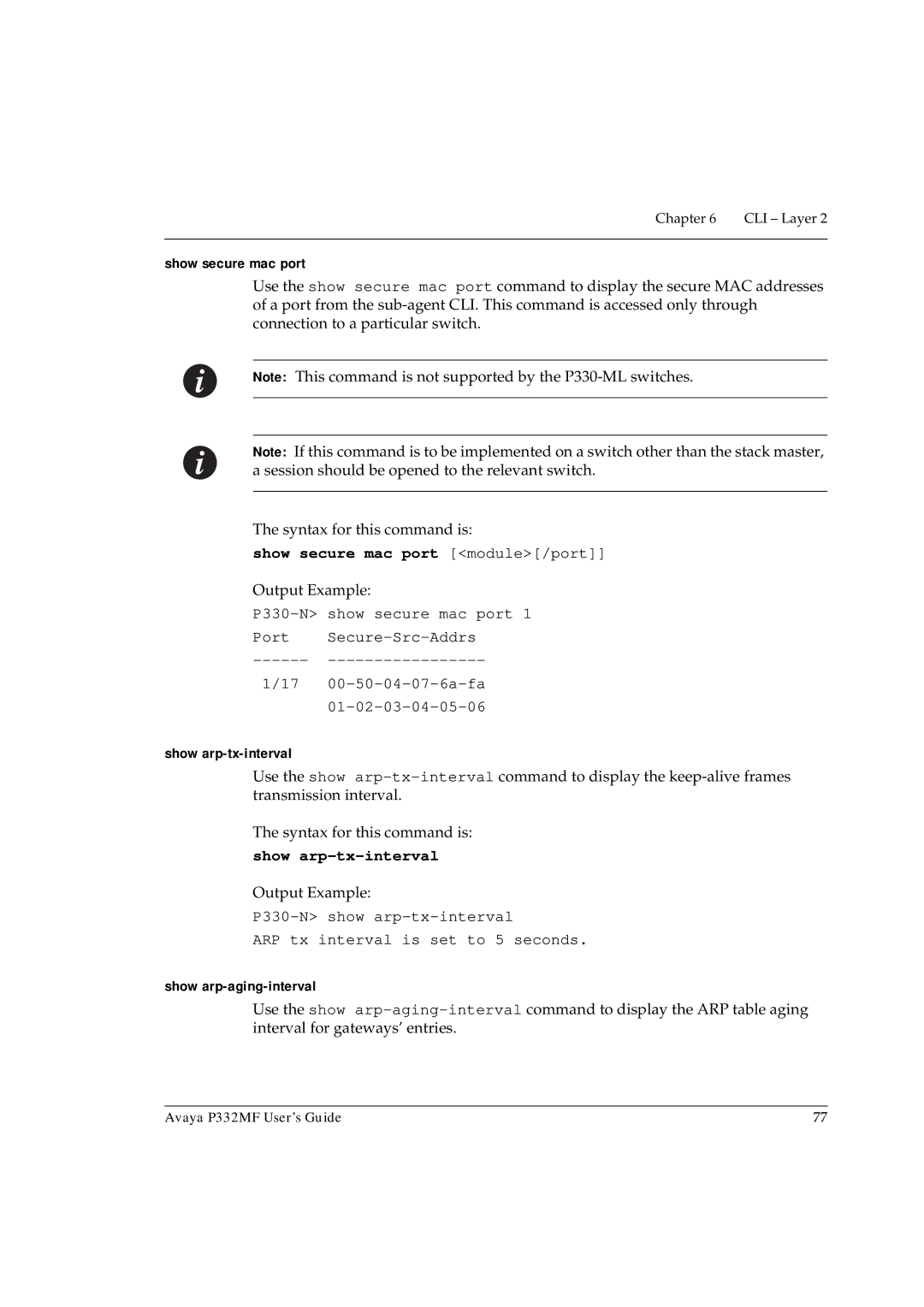 Avaya P332MF manual Show secure mac port module/port, Show arp-tx-interval, Show arp-aging-interval 